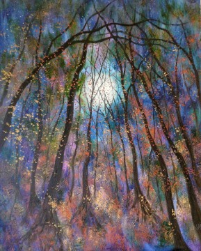 Feuilles de cuivre automne arbres bleu lune et lucioles décor de jardin paysage art mural nature paysage Peinture à l'huile